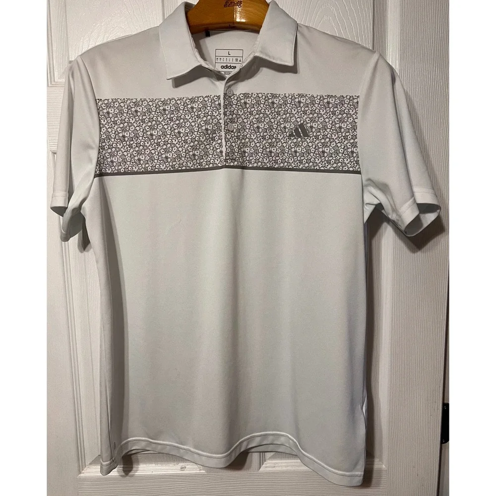 Adidas Mens Golf Polo‎ Shirt White Floral Chest Band Short Sleeve Size Large